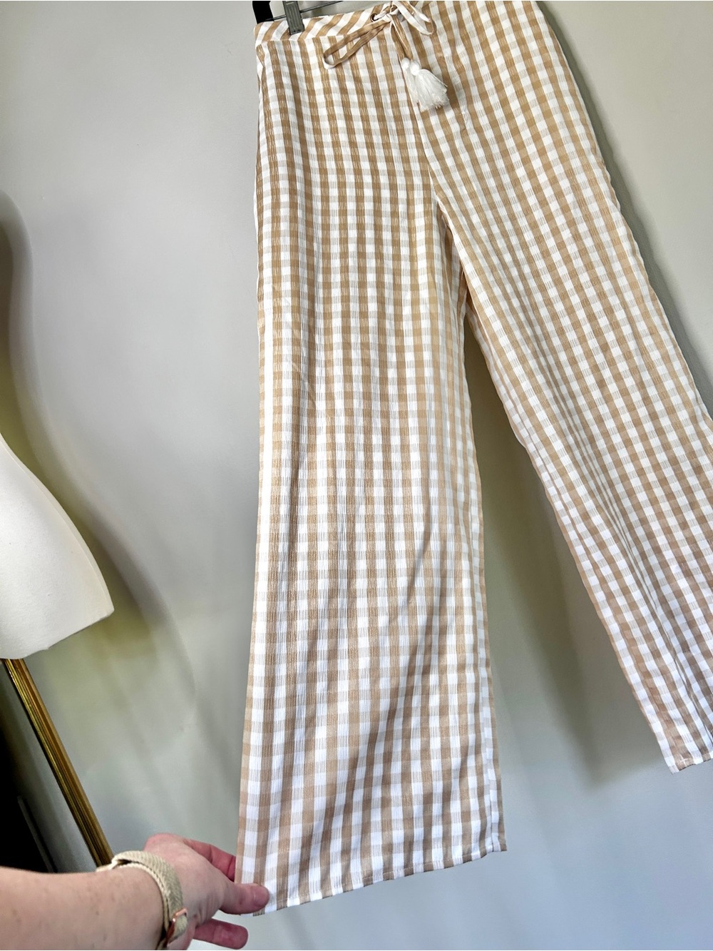 Majorelle Revolve Theo Pants Gold Check Gingham Wide Leg Cropped Tassel Tie XXS - Picture 7 of 14